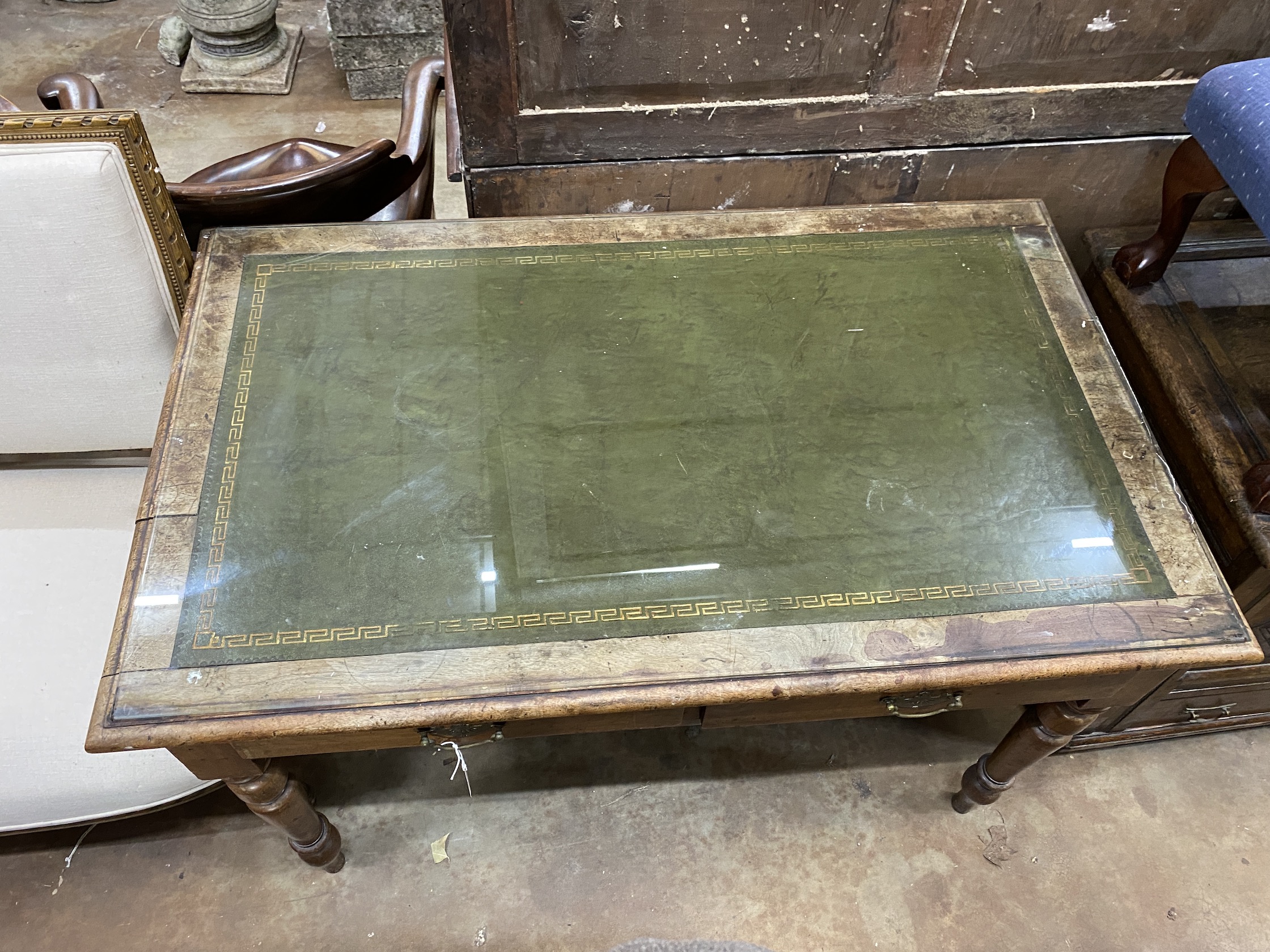 A Victorian mahogany two drawer writing table, width 121cm, depth 74cm, height 76cm